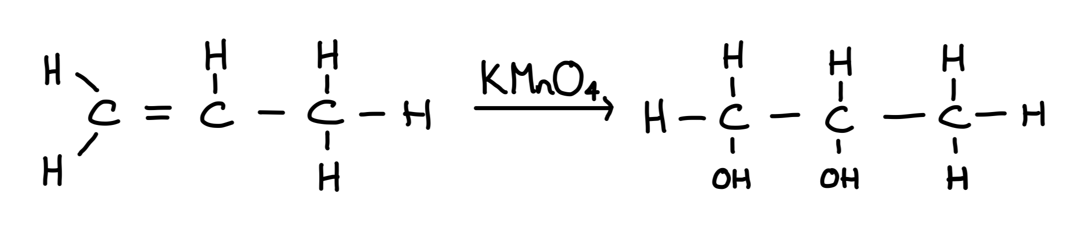 <p>Alkenes react with potassium manganate (VII) in acidic conditions to produce a diol </p><p>Type of reaction: Oxidation</p>