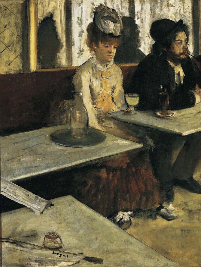 <ul><li><p>Edgar Degas</p></li><li><p>Oil on canvas</p></li><li><p>Slice of life</p></li><li><p>Absinthe means 70% alcohol, popular among bohemians</p></li></ul>