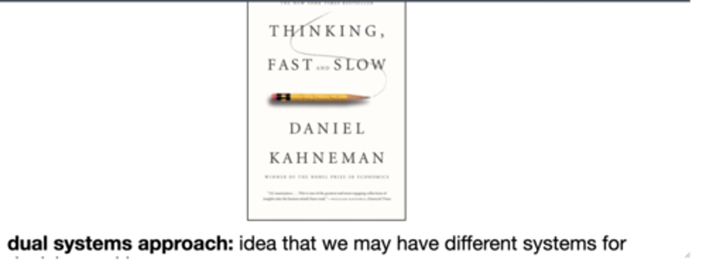 <p>Dual systems approach: idea that we may have different systems for decision making.</p><p>- Our decisions can be biased by other, seemingly unrelated factors</p>
