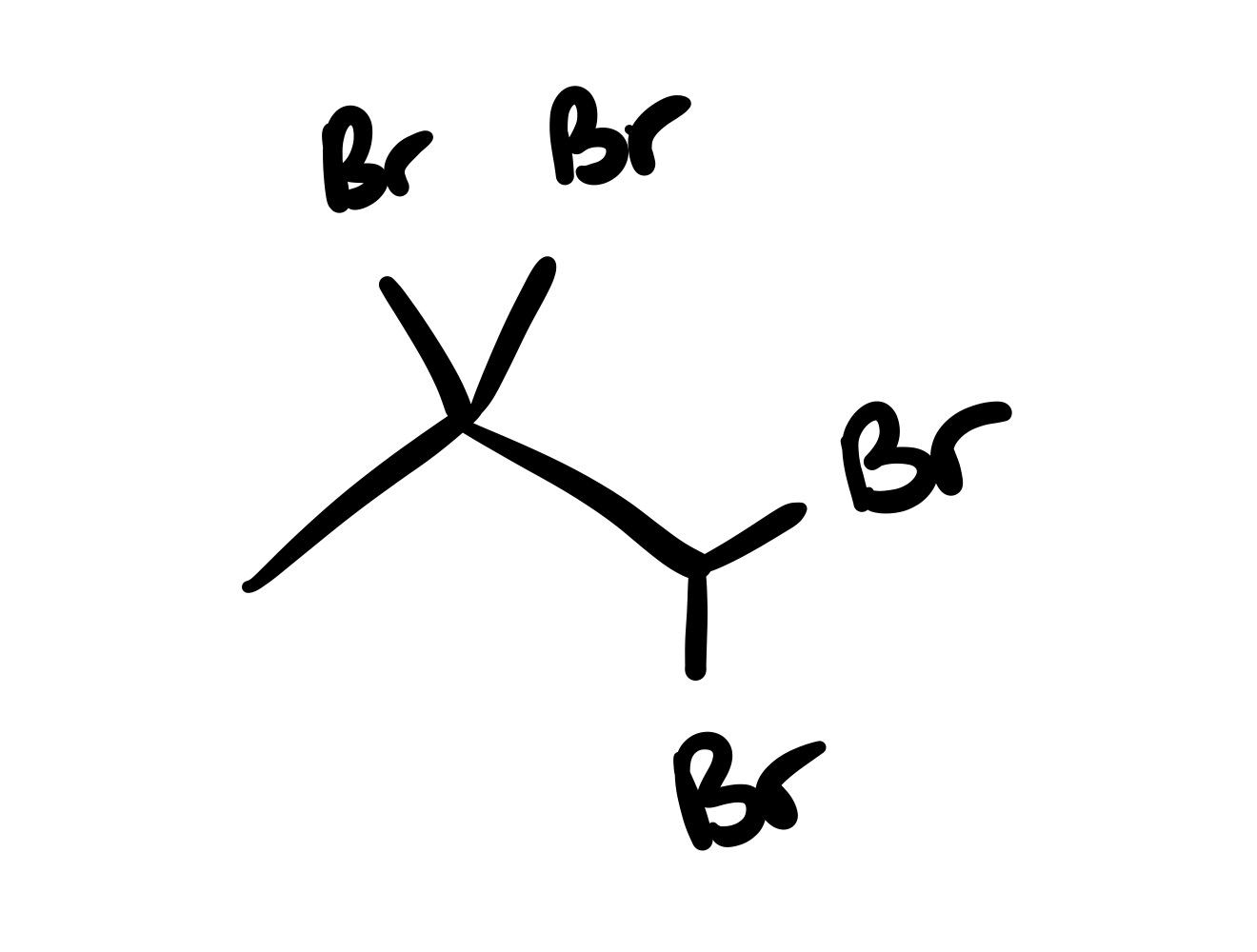 <p><span>The triple bond is broken (only single bond carbon chain). And the 4 Br groups are added (two Br chains on one carbon)</span></p>