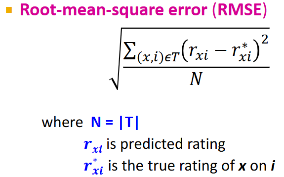 <ol><li><p>remove a chunk of ratings from the sparse item/user ratings matrix (perhaps the bottom right quadrant); store these ratings in the test set (T)</p></li><li><p>make predictions, and compare your predictions with the known ratings in the test set (T) using the formula in the pic (RMSE)</p></li></ol><p></p><p>RMSE explanation: </p><ol><li><p>store the sum of (predicted rating - actual rating)² for each user/item pair in the test set</p></li><li><p>divide the sum by the size of the test set (i.e., number of user/item pairs in the test set)</p></li><li><p>take the square root of the result</p></li></ol><p></p><p>NOTE: RMSE is the most commonly used measure to evaluate a collaborative filtering system</p><p></p>