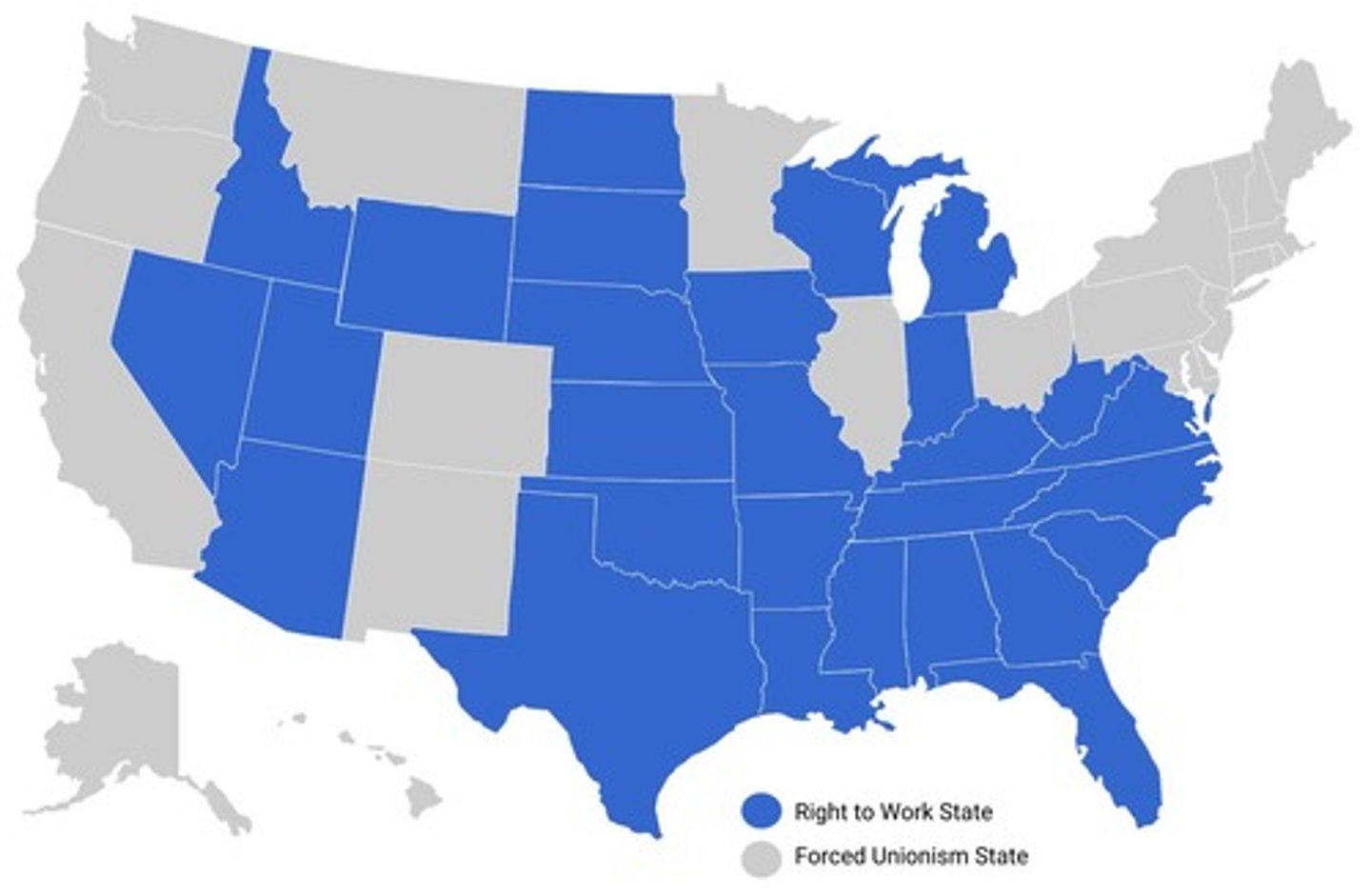 <p>States in the USA whose laws prevent unions from requiring people to join the union to work in an industry (mainly Republican states)</p>