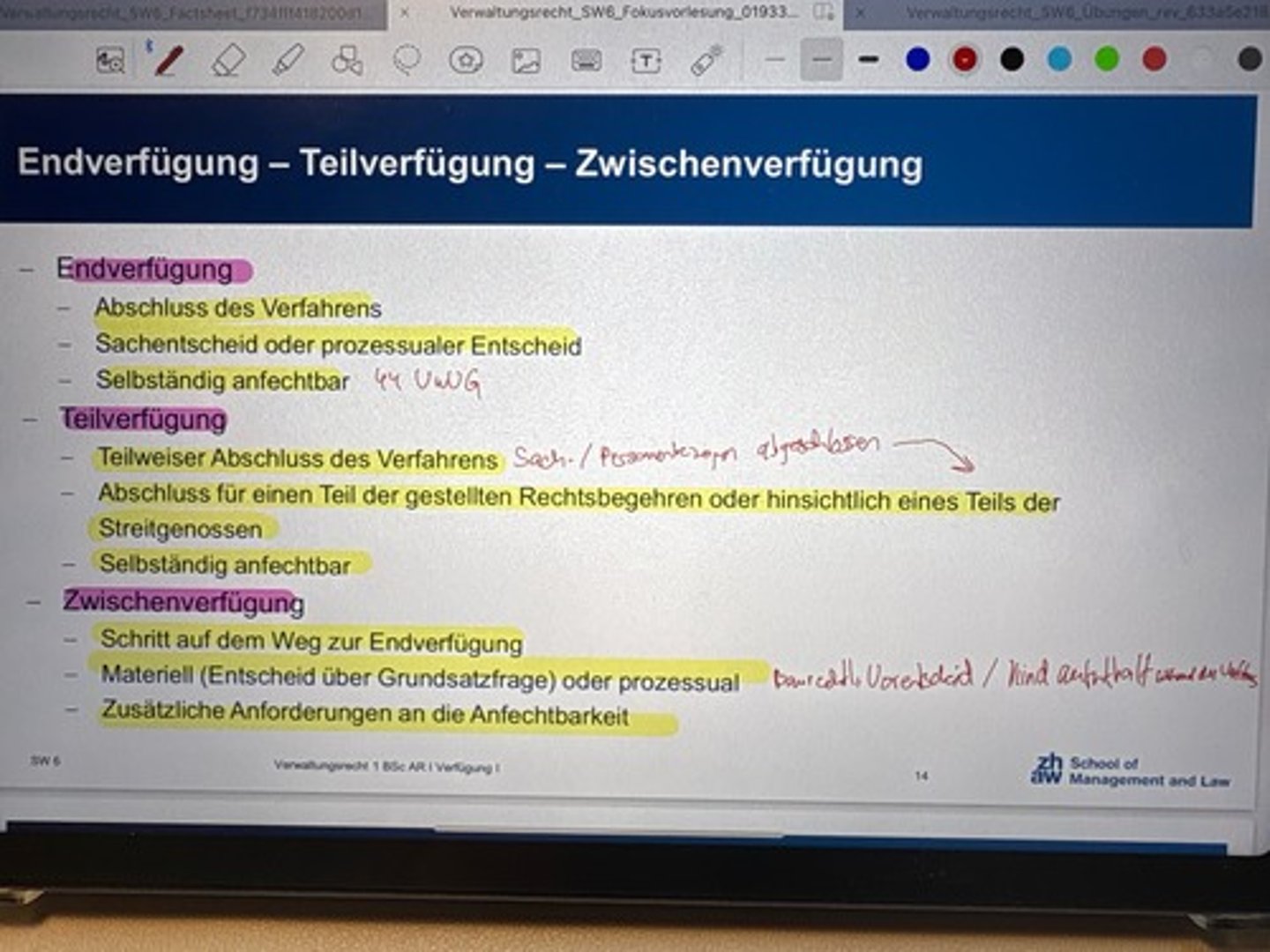 <p>Endverfügung</p><p>-Abschluss des Verfahrens</p><p>-Sachentscheid oder prozessualer Entscheid</p><p>-Selbständig anfechtbar 44 VwVG</p><p>Teilverfügung</p><p>-Teilweiser Abschluss des Verfahrens</p><p>-Abschluss für einen Teil der gestellten Rechtsbegehren oder hinsichtlich eines Teils der Streitgenossen</p><p>-selbständig anfechtbar</p><p>Zwischenverfügung</p><p>-Schritt auf dem Weg zur Endverfügung</p><p>-Materiell (Entscheid über Grundsatzfrage) oder prozessual</p><p>-zusätzliche Anforderungen an die Anfechtbarkeit</p>