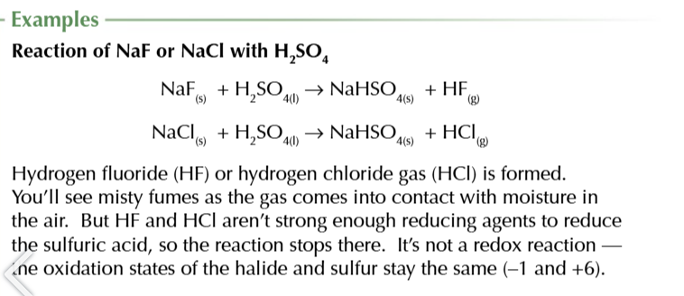 <p>NaX + H2SO4 → NaHSO4 + <mark data-color="yellow" style="background-color: yellow; color: inherit">HX</mark></p>