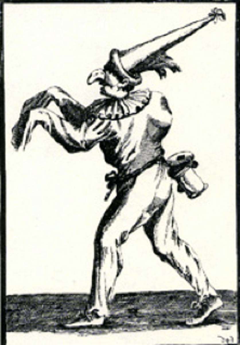 <p>one of commedia dell'arte's principal characters, immediately identifiable by his typical costume of a loose tunic, tall conical hat, and black mask with a prominent hooked nose</p>