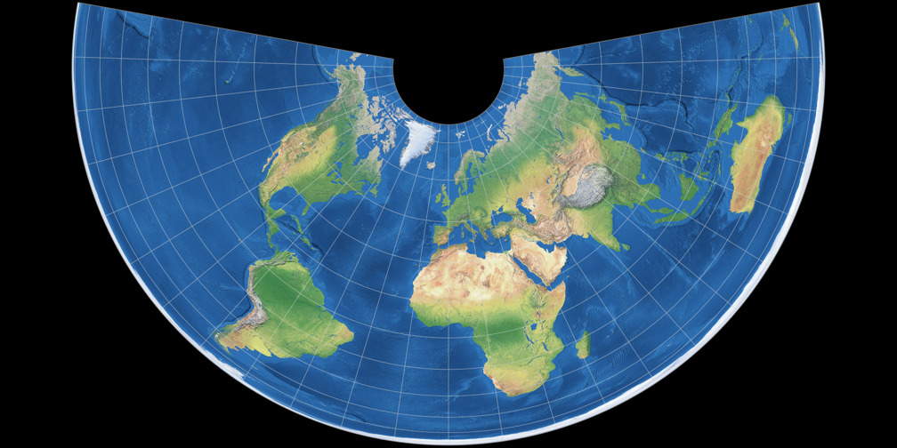 <p>(Projections) A type of interrupted map where lines of longitude converge, lines of latitude are curved, and it shows size and shape close to reality. Struggles with direction and on a world map, longitude lines converge at only one pole. Used mainly at midlatitude countries.</p>