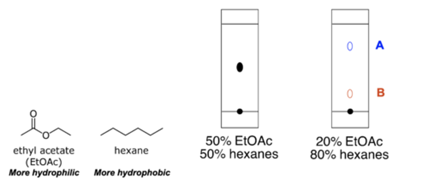 <p>B: a more nonpolar solution so the compound will appear lower</p>