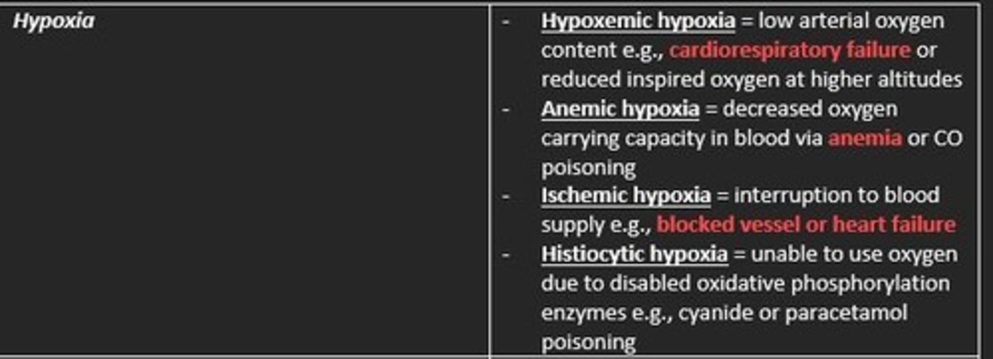 <p>1) Hypoxemic hypoxia = low arterial O2 concentration e.g., cardiorespiratory failure</p><p>2) Anemic hypoxia = decreased oxygen carrying capacity e.g., anaemia</p><p>3) Ischemic hypoxia = interruption to blood supply e.g., blocked vessel</p><p>4) Histiocytic hypoxia = unable to use oxygen due to disabled oxidative phosphorylation enzymes (e.g., cyanide poisoning)</p>