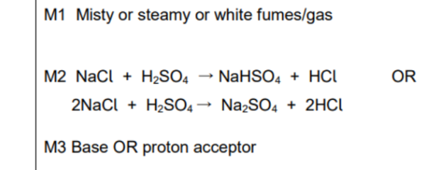 <p>label acid and base in reaction </p><p>Produces HCl = misty fumes and NaHSO4</p><p>Remember Cl and any H most likely </p><p>H2SO4 is a stronger acid so NaCL is a base</p><p>A base (accoridng to bronsted lowry) accepts a proton </p>
