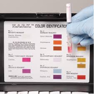 <p><span>•&nbsp;&nbsp;&nbsp;&nbsp;&nbsp;&nbsp; </span><strong>Dille–Kopanyi Test for Barbiturates:</strong></p><p><span>•&nbsp;&nbsp;&nbsp;&nbsp;&nbsp;&nbsp; </span>(1) 0.1g cobalt acetate + 0.2 ml glacial acetic acid in 100 ml MeOH.</p><p style="text-align: start">&nbsp;</p><p><span>•&nbsp;&nbsp;&nbsp;&nbsp;&nbsp;&nbsp; </span>(2) 5 ml isopropyl amine in 95 ml MeOH.</p><p style="text-align: start">&nbsp;</p><p><span>•&nbsp;&nbsp;&nbsp;&nbsp;&nbsp;&nbsp; </span>Mix equal amounts of test material with reagents – purple colour positive for barbiturates.</p><p style="text-align: start">&nbsp;</p><p><span>•&nbsp;&nbsp;&nbsp;&nbsp;&nbsp;&nbsp; </span>Test is specific to barbiturates but does not discriminate between barbiturates.</p>
