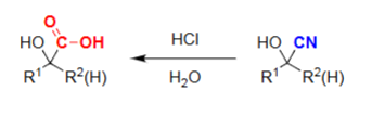 <ul><li><p>Cyanohydrin becomes a carboxylic acid.&nbsp;</p></li><li><p>All nitriles can be made from S<sub>N</sub>2 geometry.</p></li></ul><p></p>