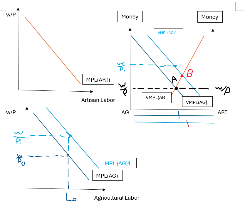 <p>Since innovations in technology have happened, productivity in agricultural labor has risen. As such, MPL of agriculture has shifted to the right and the value of MPL of agriculture has also shifted to the right (price of good being produced x MPL of agricultural labor or artisanal labor equals the VMPL) (P x MPL = VMPL) Equilibrium in wages has moved from point A to point B at a higher wage. However, since we assume that people can freely move between being an artisan and agriculturalist, people are going to be agriculturalists because the wage is higher. (Also for Agriculture it’s real wage/price of wheat, and for artisan it’s real wage/price of cloth). </p>