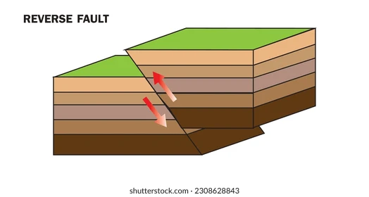 <p>The upper block, above the fault plane, moves up and over the lower block</p>