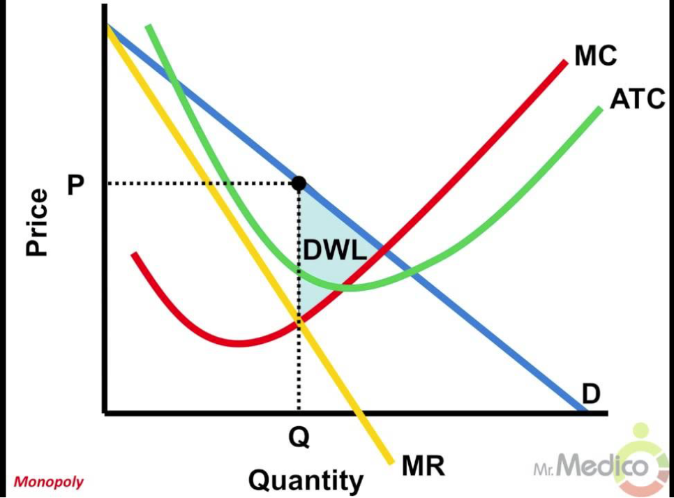 One firm that has a unique product and charges higher prices over it (they have control over price). There are high barriers to entry and are inefficient (DWL). They don’t produce enough (not allocatively efficient), and the produce at higher costs (not productively efficient). They produce where MR = MC. They can price discriminate. 

* Govs often regulate these to keep prices low to avoid deadweight loss (they lower it to socially optimal price where P = MC for allocative efficiency or to a fair return price where businesses break even and where P = ATC)