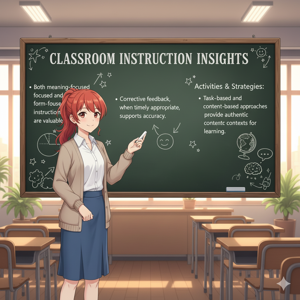 <ul><li><p>Both meaning‑focused and form‑focused instruction are valuable.</p></li><li><p>Corrective feedback, when timely and appropriate, supports accuracy.</p></li><li><p>Task‑based and content‑based approaches provide authentic contexts for learning.</p></li></ul><p></p>