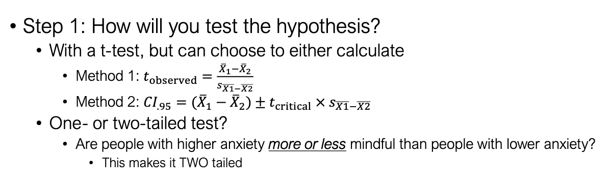 <ul><li><p>Test: Independent t-test.</p></li><li><p>Method:</p><ul><li><p>Option 1: Compute tobs</p></li><li><p>Option 2: Compute CI.</p></li></ul></li><li><p>Tail: TWO-tailed (question is whether mindfulness differs, not directional).</p></li></ul><p></p>