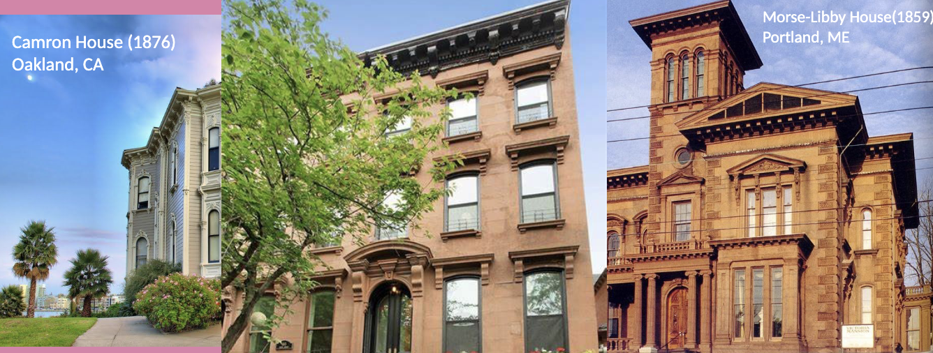 <p><span>Two or three stories (rarely one)</span><br><span>Low pitched roof with moderate to wide overhanging eaves</span><br><span>Decorative brackets</span><br><span>Tall, narrow windows, typically curved on top (with crowns)</span><br><span>Many have a cupola or tower</span><br><span>Squared corners and shape</span></p>
