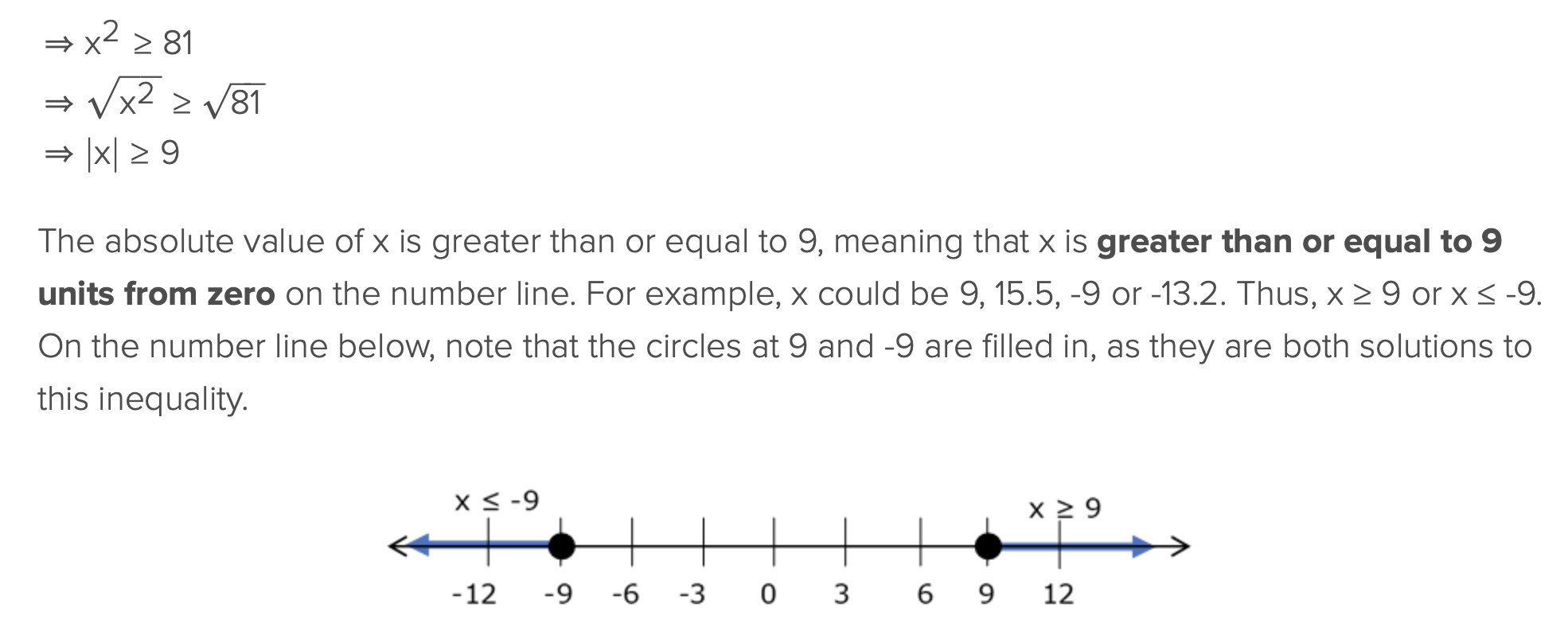 <ol><li><p>x is greater than the square root of b</p></li><li><p>x less than the negative of the square root of b</p></li></ol><p></p><p>x &gt; √b  and x &lt; √b</p>