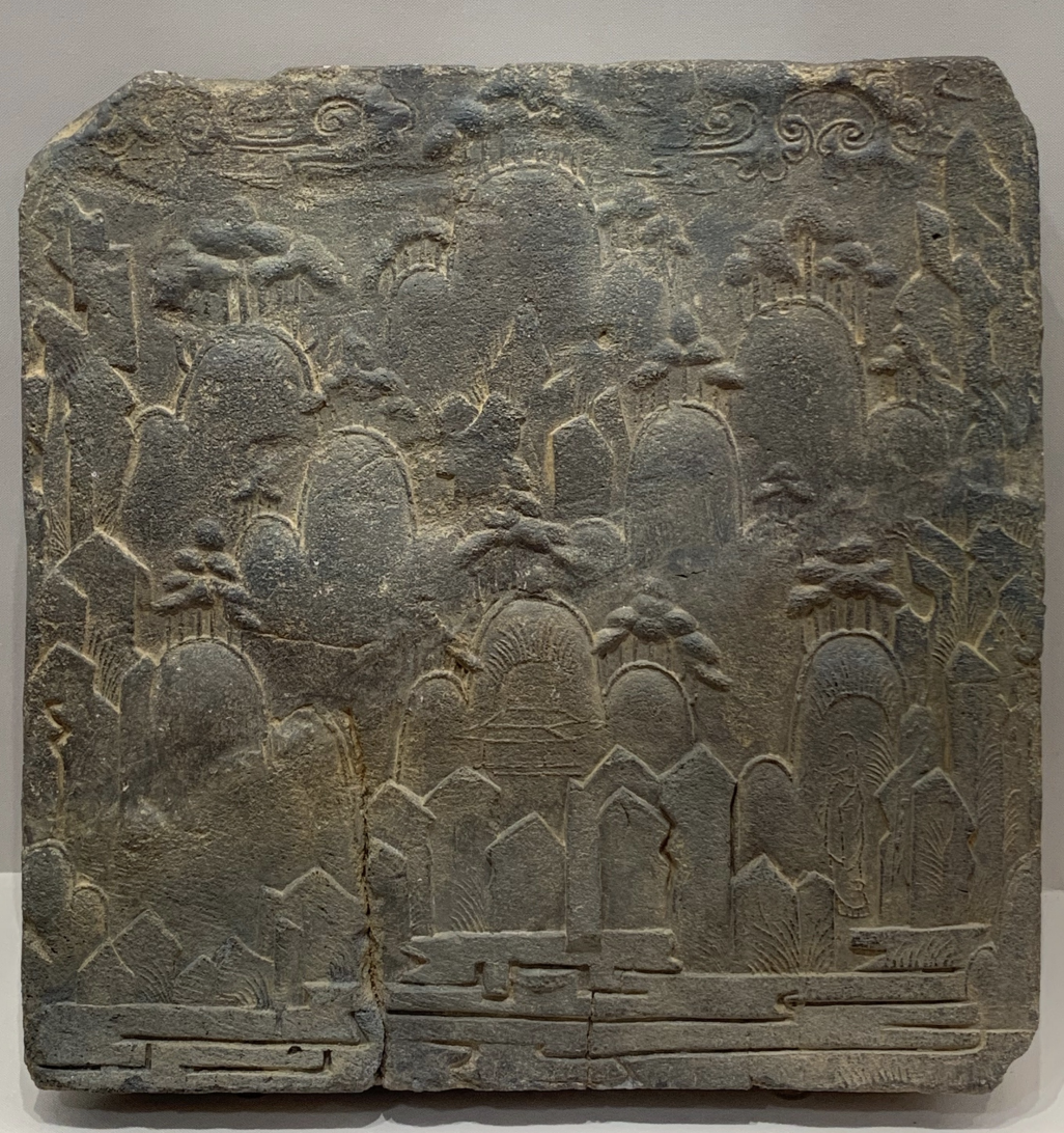 <p>Time: 7th Century</p><p>Found: Baekje Kingdom in Buyeo, Chungcheong Province (부여군, 충청)</p><p></p><p>The tiles depict Mt. Peng-lai, which is a mythical place in Chinese mythology, symbolizing paradise and longevity; in Korea, it’s called 삼신산 (Samshin Mountain) and it’s the ideal dwelling place in Daoist or Buddhist.</p><p>8 tiles have been extracted.</p>