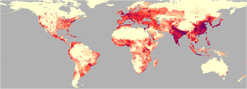 <p>The total number of people divided by the total land area.</p><p>Says little about where people actually live or distributed in space</p>