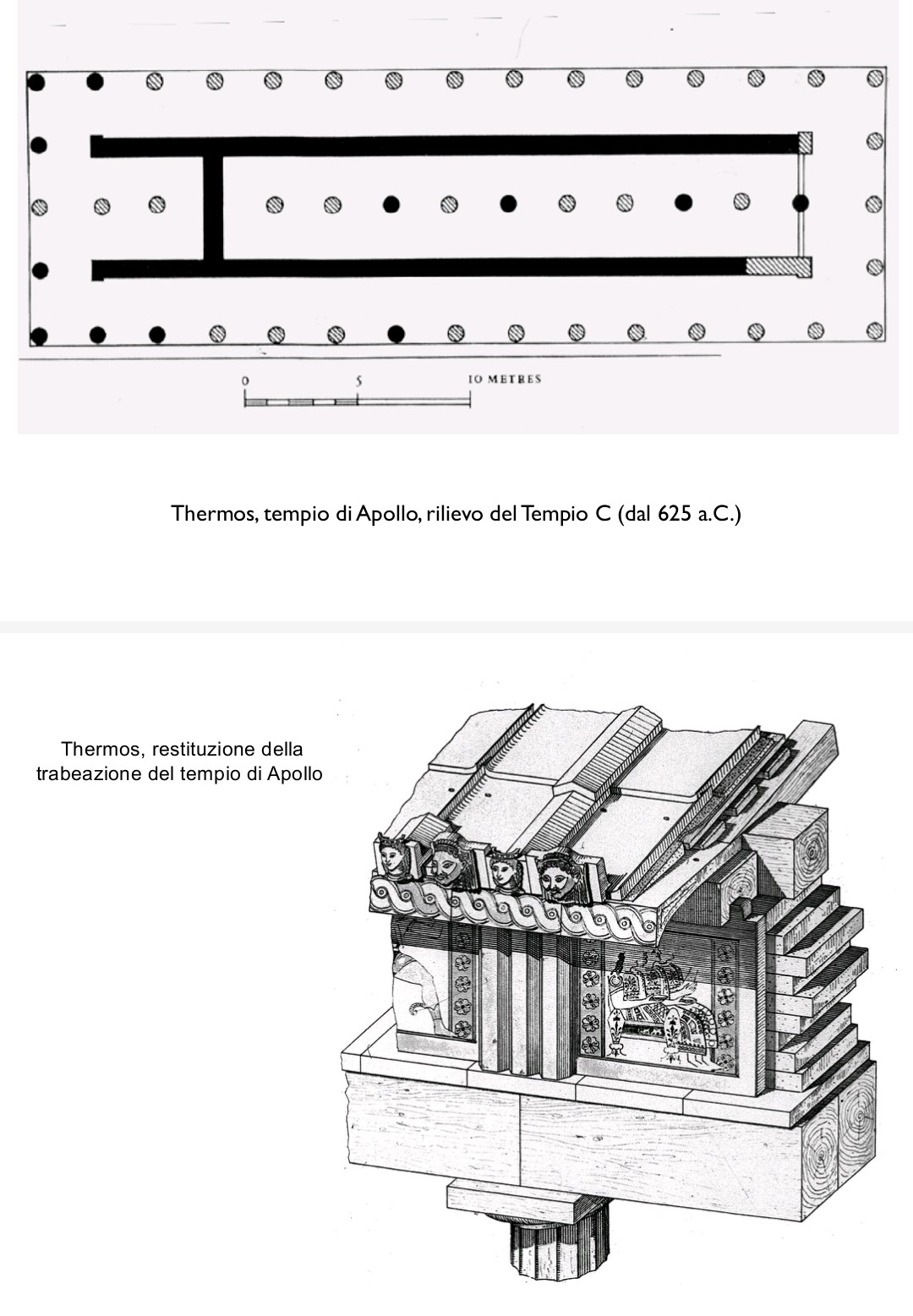 <p>Le tegole di copertura furono usate per la prima volta a Corinto nel VII secolo e svolsero un ruolo determinante nella ricerca di una maggiore monumentazione e durata, in quanto il loro peso indusse all'uso di colonne in pietra anziché in legno, oltre che condurre al miglioramento nella costruzione dei muri. Esse contribuirono inoltre alla diffusione dei tetti a doppio spiovente con pendenza inferiore a quella necessaria per le coperture in paglia, nonché alla realizzazione di piante esattamente rettangolari. (Vedi Tempio di Apollo a Thermos 630 a.C. , uno dei primi edifici con copertura in tegole)</p>