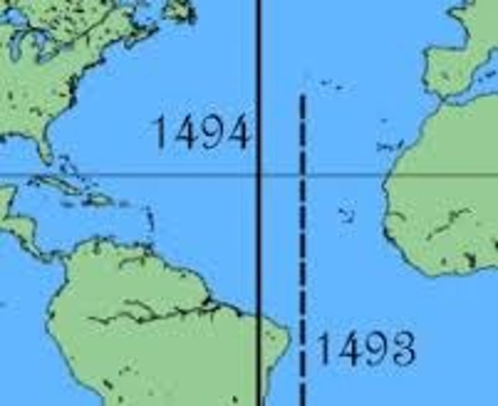 <p>invisible line created by Pope Alexander VI to make peace between Spain and Portugal. In signing the treaty Spain agreed that the land west of the line could be claimed by Spain, while the east was Portugal's. Brazil was only region in the Americas to go to Portugal.</p>