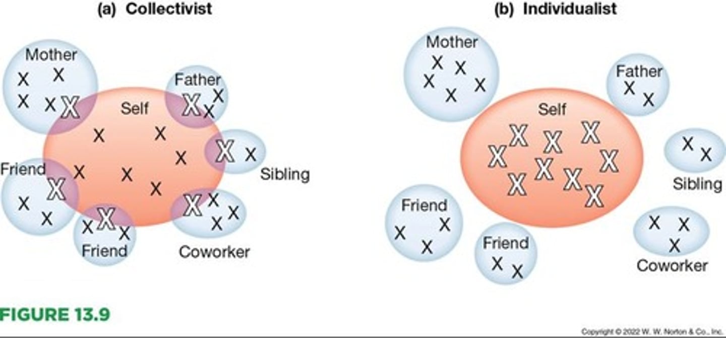 <p>Emphasize connections to family, social groups, and ethnic groups, and conformity to societal norms.</p>