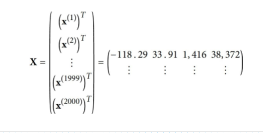 <p>is a matrix containing all the feature values (excluding labels) of all instances (m) in the dataset. There is one row per instance and the ith row is equal to the transoise if x(i) </p>