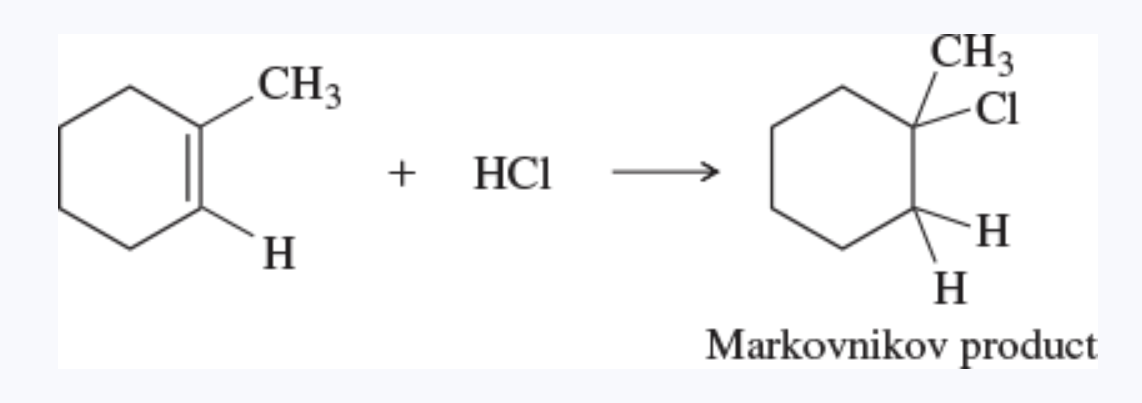 <ul><li><p>when a proton acid adds to the double bond of an alkene, the proton bonds to the carbon atom that already has <em>more hydrogen atoms </em></p></li><li><p>in an electrophilic addition to an alkene, the electrophile adds in such a way as to generate the <em>most stable intermediate </em></p></li></ul>