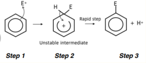 <ul><li><p>replacing a hydrogen for another group</p></li><li><p>General equation: C6H6 + X+ → C6H5X + H+</p><ul><li><p>X+ is the electrophile</p></li></ul></li></ul><p></p>