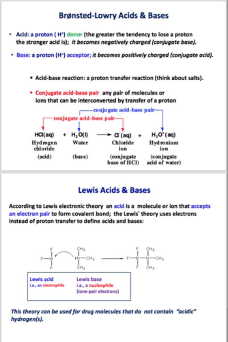 <p>A Bronsted-Lowry base is a proton acceptor, and a Bronsted-Lowry acid is a proton donator.</p><p>A Lewis base is an electron donator, and a Lewis acid is an electron acceptor.</p>