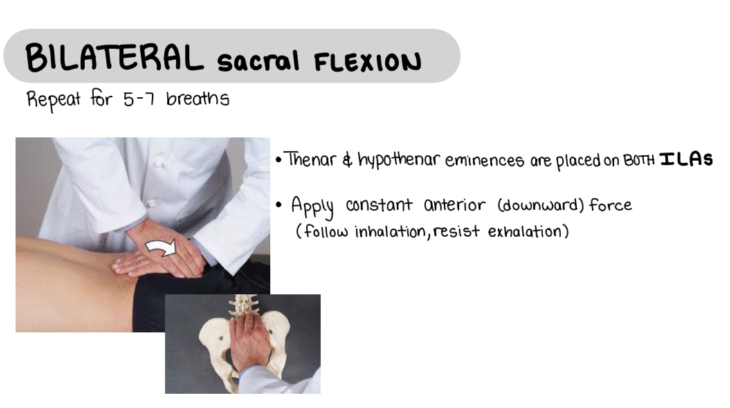 <p>Pt prone</p><p>Hypothenar and thenar on BOTH ILAs</p><p>ABduct and int rot BOTH legs</p><p>Push on inhale and resist exhale 5-7 times</p><p>Reassess sacral bases and ILA and spring test</p>