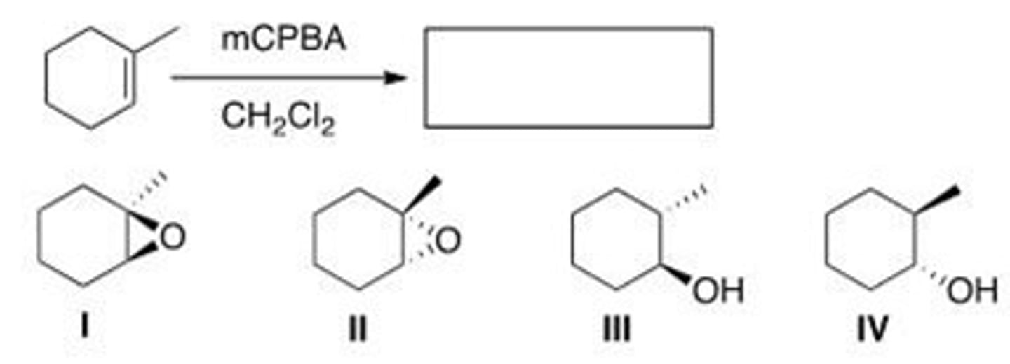 <p>Which is (are) the product(s) of the following reaction?</p><p>A. Only I and II</p><p>B. Only I and III</p><p>C. Only II and III</p><p>D. I, II, and III</p>
