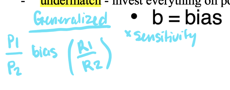 <p>Log(P1/P2) = a <em> log(R1/R2) </em>log(b)</p><p>a - reward sensitivity or matching</p><p>b - bias</p>