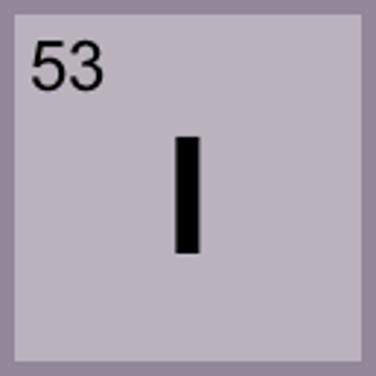 <p>Symbol: I<br>Atomic Mass: 126.9<br>Atomic Number: 53</p>