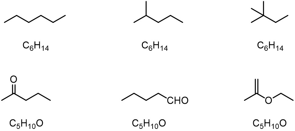 <p>has the same molecular formula but different connectivity</p>