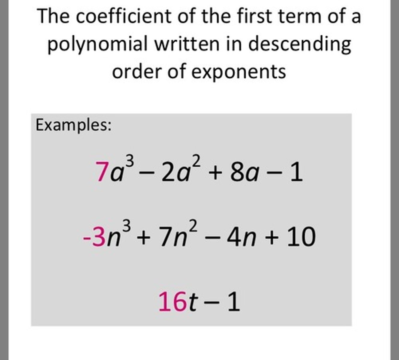 <p>The form of a polynomial that places the terms in descending order by degree.</p>
