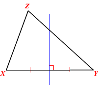 A perpendicular bisector is a line or segment that forms a 90° with a side and is equidistant from both endpoints of the side (90° and go through midpoint of the line it goes through)