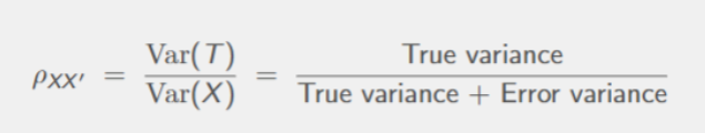 <p>reliability tells us the <strong>proportion of observed variance </strong>that reflects true differences between people, rather than random error </p><p>values range from 0 to 1: </p><p>0 - all variance is NOISE (no measurment) </p><p>1 - all variance reflects TRUE SCORES (perfect measrument) </p><p>higher reliability indicates more consistent, dependable measurements </p>