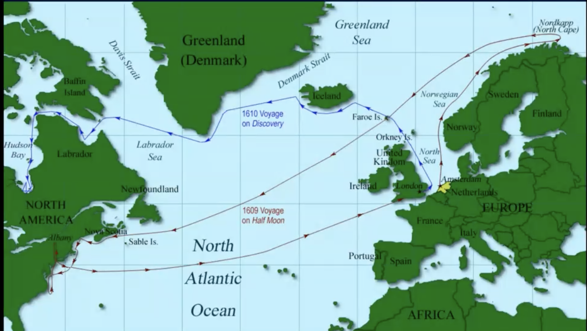 <ul><li><p>Henry Hudson (1565-1611)</p><ul><li><p>2 trips looking for passage to india:</p><ul><li><p>1609: for the dutch VOC =&gt; New York (Hudson river)</p></li><li><p>1610: for england =&gt; Canada (hudson bay)</p><p>—&gt; killed by crew</p></li></ul></li></ul></li></ul>