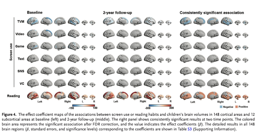 <p>There are adverse causal effects of screen use on language ability and specific behaviors in early adolescents, while reading has positive causal effects on their language ability and brain volume in the frontal and temporal regions</p>