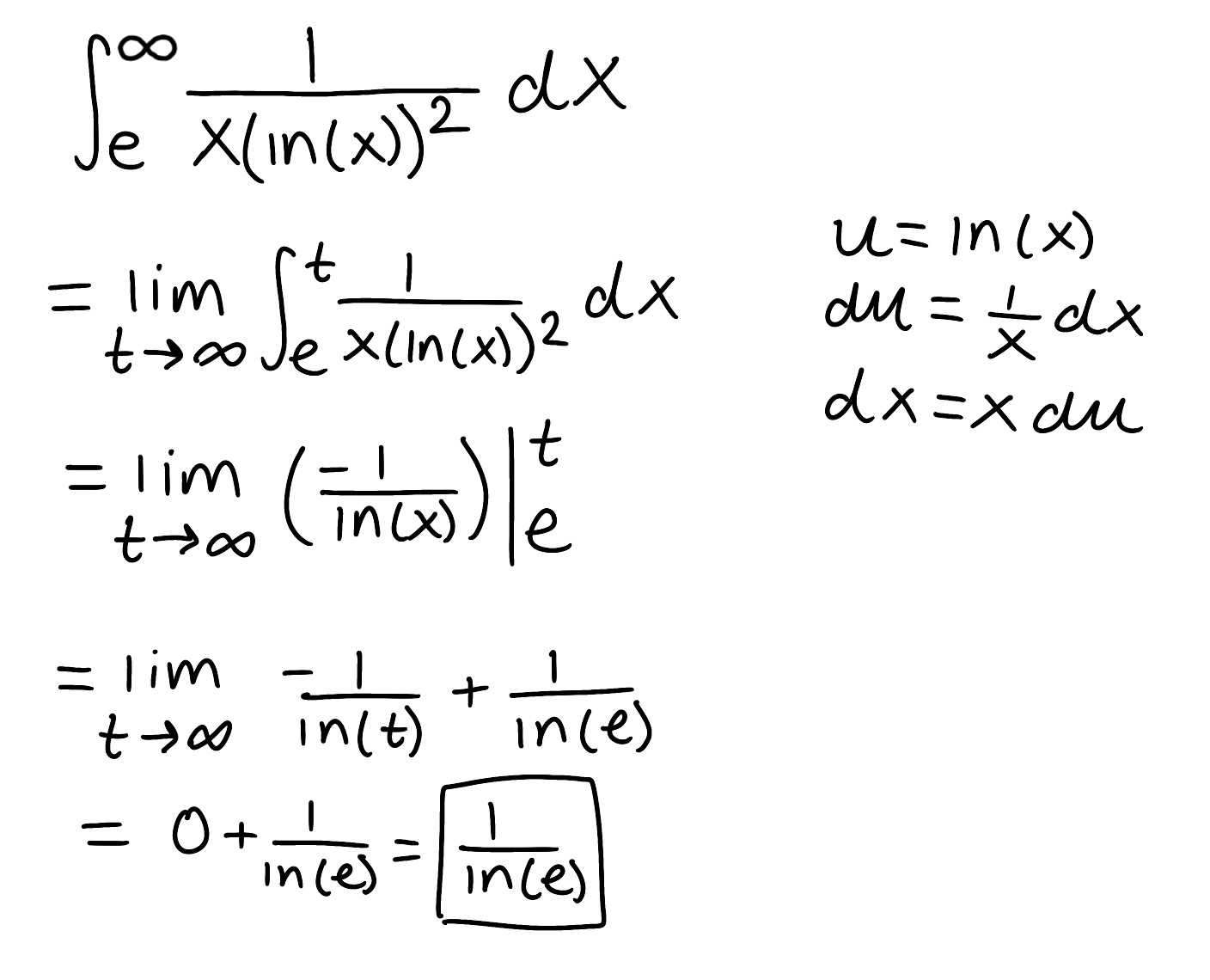 <ul><li><p>The integral is improper because one of the bounds is infinite</p></li><li><p>The integral converges because the limit is finite</p></li></ul><p></p>