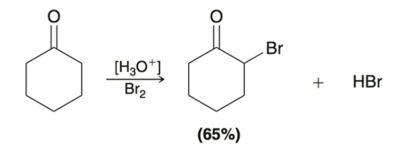 <ul><li><p>Under acidic conditions, ketones/aldehydes undergo alpha halogenation.</p></li><li><p>Works with Cl<sub>2, </sub>Br<sub>2</sub>, and I<sub>2</sub>.</p></li><li><p><strong>Acidic conditions means an enol is the reactive intermediate.</strong></p></li></ul><p></p>