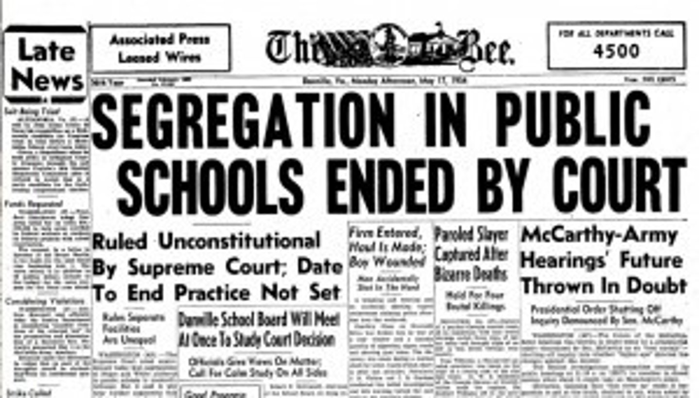 <p>1954; segregation was a violation of the Equal Protection Clause; "separate but equal" practice was unconstitutional in education; overturned the 1896 Plessy v Ferguson ruling that permitted segregation if facilities were equal</p>