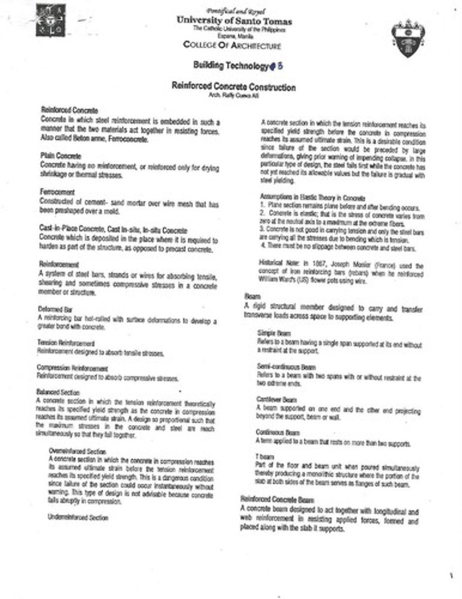 <p>Concrete in which steel reinforcement is embedded in such a manner that the two materials act together in resisting forces.</p>