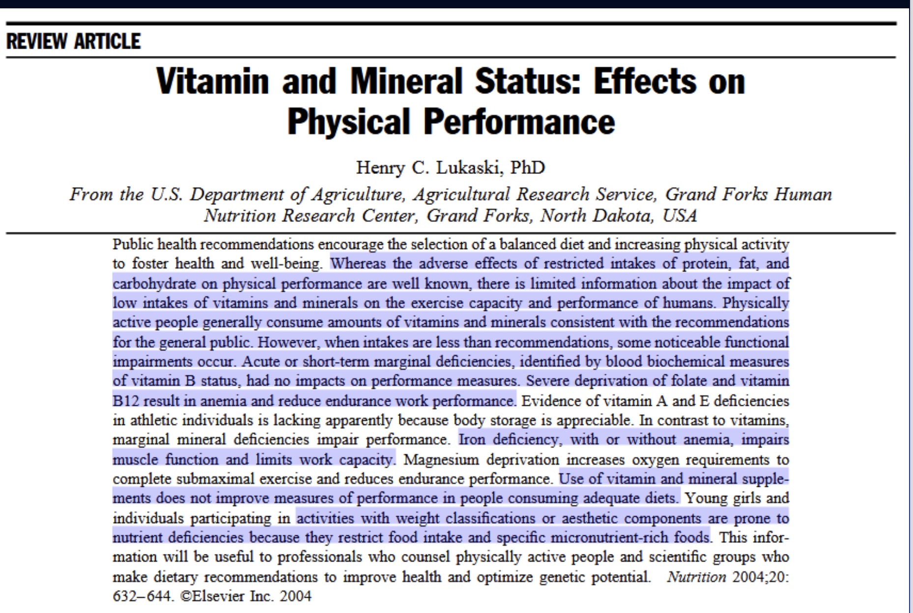 <p>-while know restricted effects restricted macros, limited info about impact of micronutrients</p><p>-physical active people generally meet recommendations (bc eating more, so less challenging to meet the RDA)</p><p>-when less than recommendation, some impairments occur; acute or short deprivation doesn’t impact performance; found sever deprevation folate and B12 results in anemia and decreased endurance</p><p><mark data-color="red" style="background-color: red; color: inherit;">-iron deficiency with or without anemia (bc myoglobin in muscle and mito impacted, so Hb normal but ETC sagging)</mark> impairs muscle function and limits work capacity</p><p><strong>-supplementation does not improve performance for those w/ adequate diets</strong></p><p>-weight and aesthetic sports prone to nutrient deficiencies bc they restrict their intake</p>
