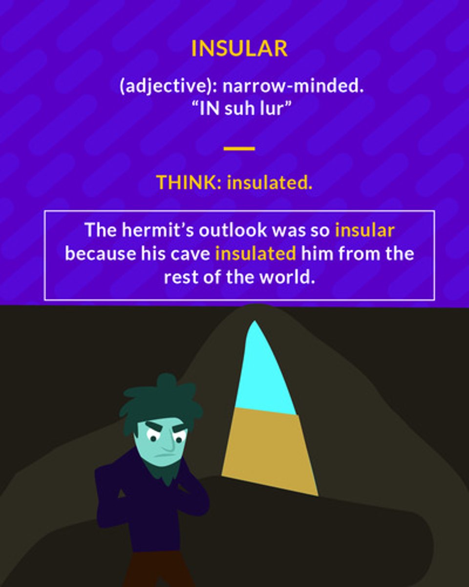 <p>(adj.) relating to, characteristic of, or situated on an island; narrow or isolated in outlook or experience</p><p>(adj.) narrow-minded</p>
