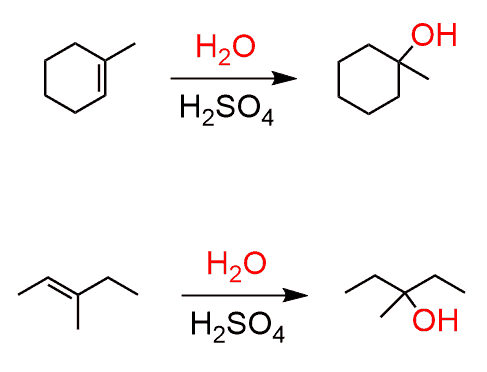 <p>The pi bond is broken and OH and H are added on each side of the bond. This is a Markovnikov addition</p>