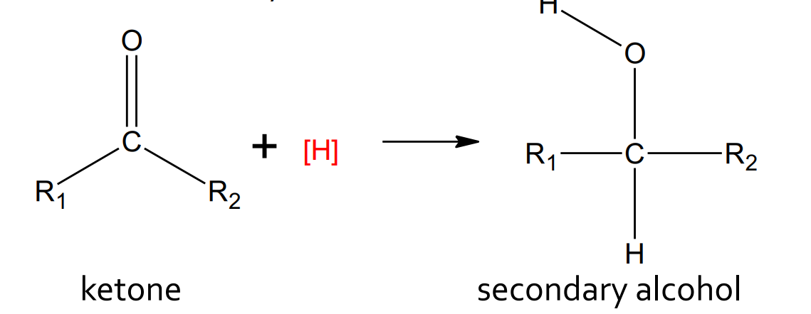<p>catalyst: LiAlH<sub>4</sub> or H<sub>2</sub>/Pt</p><p>products: secondary alcohol</p>