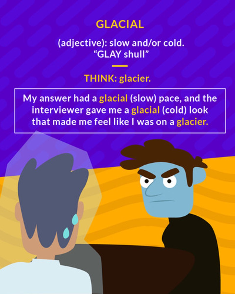<p>hostile; unfriendly; cold; icy</p><p>(adj.) slow and/or cold</p>